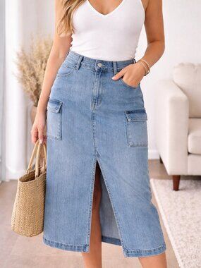 NEW Juicy Couture Cargo Denim Maxi Skirt Y2K Front Slit Belted Size 28